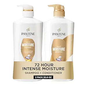 Pantene Shampoo & Conditioner Set, Daily Moisture Renewal - Pro-V Nutrients for Dry, Color-Treated, Straight to Curly Hair, 72-Hour Hydration & Softness, 52.8 Oz Total + Miracle Rescue Shot (0.5 Oz)