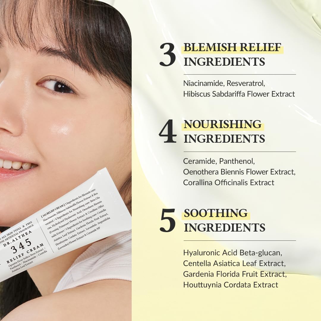 Dr.Althea 345 Relief Cream, Daily Face Moisturizer, Blemish Relief Care, Soothing Recovery & Moisture, Korean Vegan Skin Care for All Skin Types, 1.69 Fl Oz (Pack of 1)