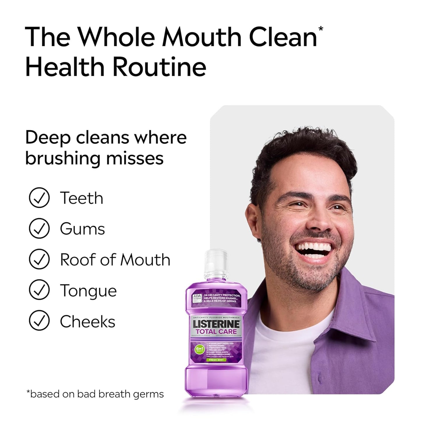 Listerine Total Care Anticavity Fluoride Mouthwash, 6-in-1 Rinse Helps Kill 99% of Bad Breath Germs, Prevents Cavities, Strengthens Teeth, Bad Breath Treatment for Adults, Fresh Mint, Twin Pack, 2x1 L