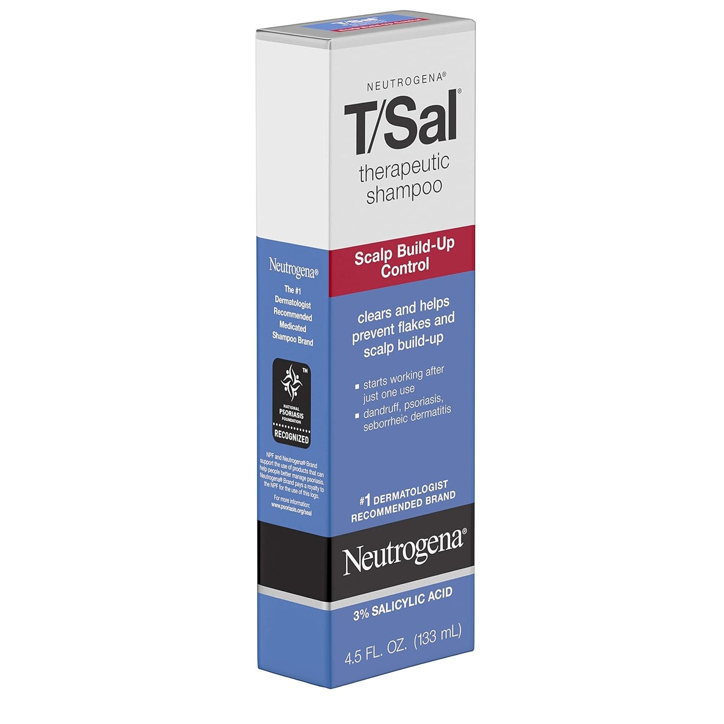 Neutrogena T/Sal Therapeutic Dandruff Shampoo, Scalp Build-Up Control, 3% Salicylic Acid, Scalp Psoriasis Treatment, Seborrheic Dermatitis Shampoo, Clears & Controls Flakes, Fragrance Free, 4.5 fl oz