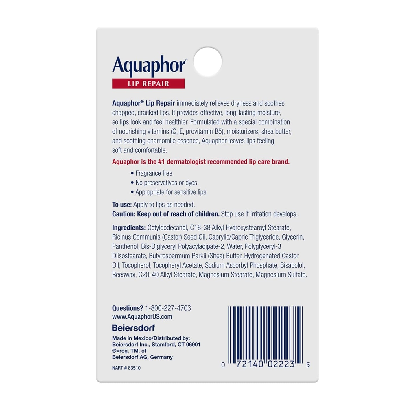 Aquaphor Lip Repair - Soothe Dry, Chapped Lips - Two .35 oz. Tubes