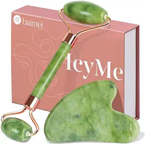 BAIMEI IcyMe Gua Sha & Jade Facial Tools Face Roller and Gua Sha Set for Puffiness and Redness Reducing Skin Care Routine, Self Care Gift for Men Women - Green