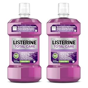 Listerine Total Care Anticavity Fluoride Mouthwash, 6-in-1 Rinse Helps Kill 99% of Bad Breath Germs, Prevents Cavities, Strengthens Teeth, Bad Breath Treatment for Adults, Fresh Mint, Twin Pack, 2x1 L