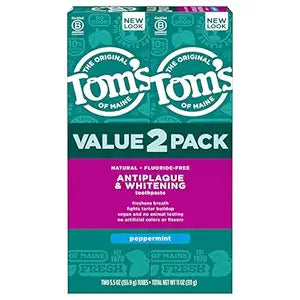 Tom's of Maine Fluoride-Free Antiplaque & Whitening Natural Toothpaste, Peppermint, 5.5 oz. (Pack of 2)