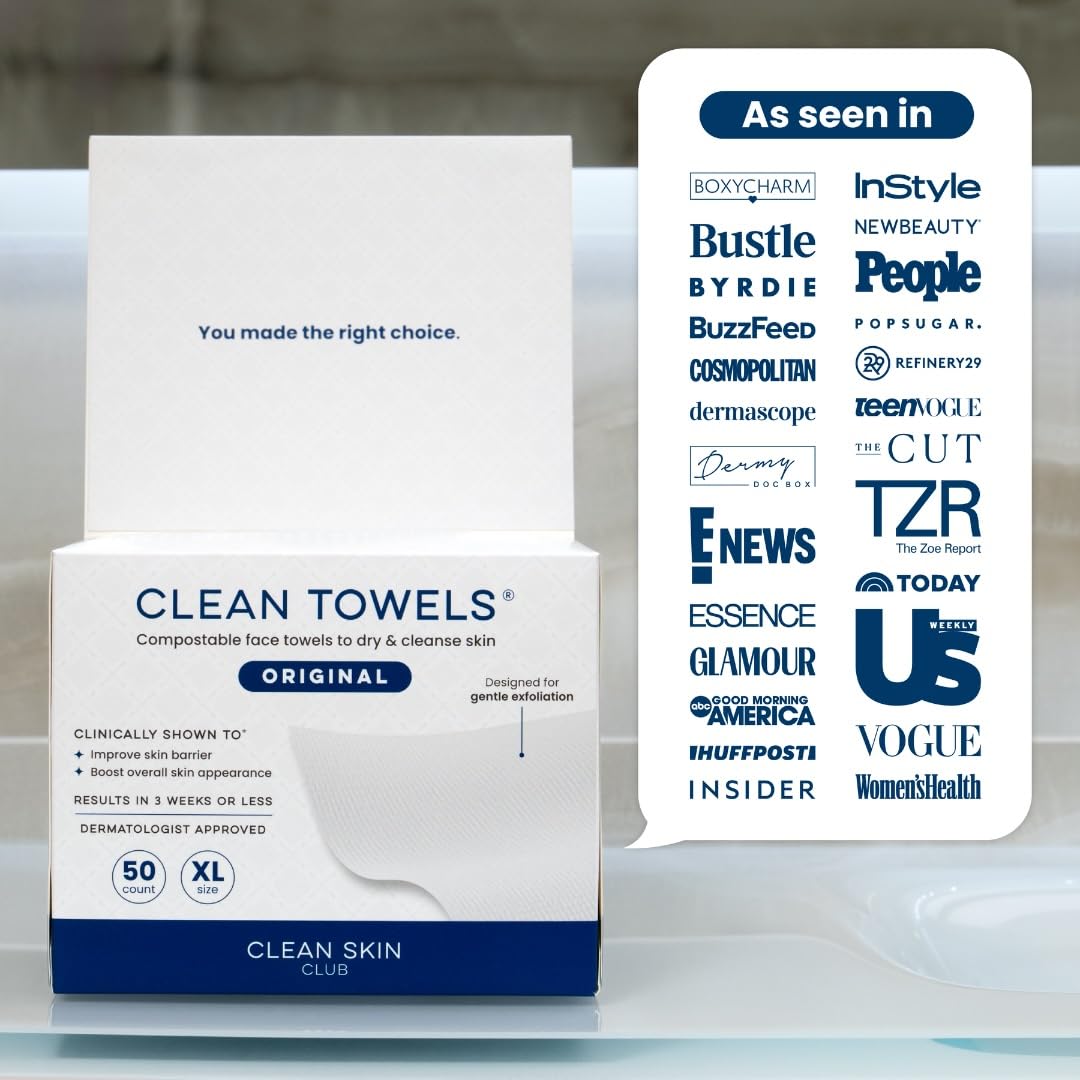 Clean Skin Club Clean Towels XL®, 100% USDA Biobased Face Towel, Disposable Face Towelette, Eczema Association Accepted, Makeup Remover Dry Wipes, Ultra Soft, 50 Count