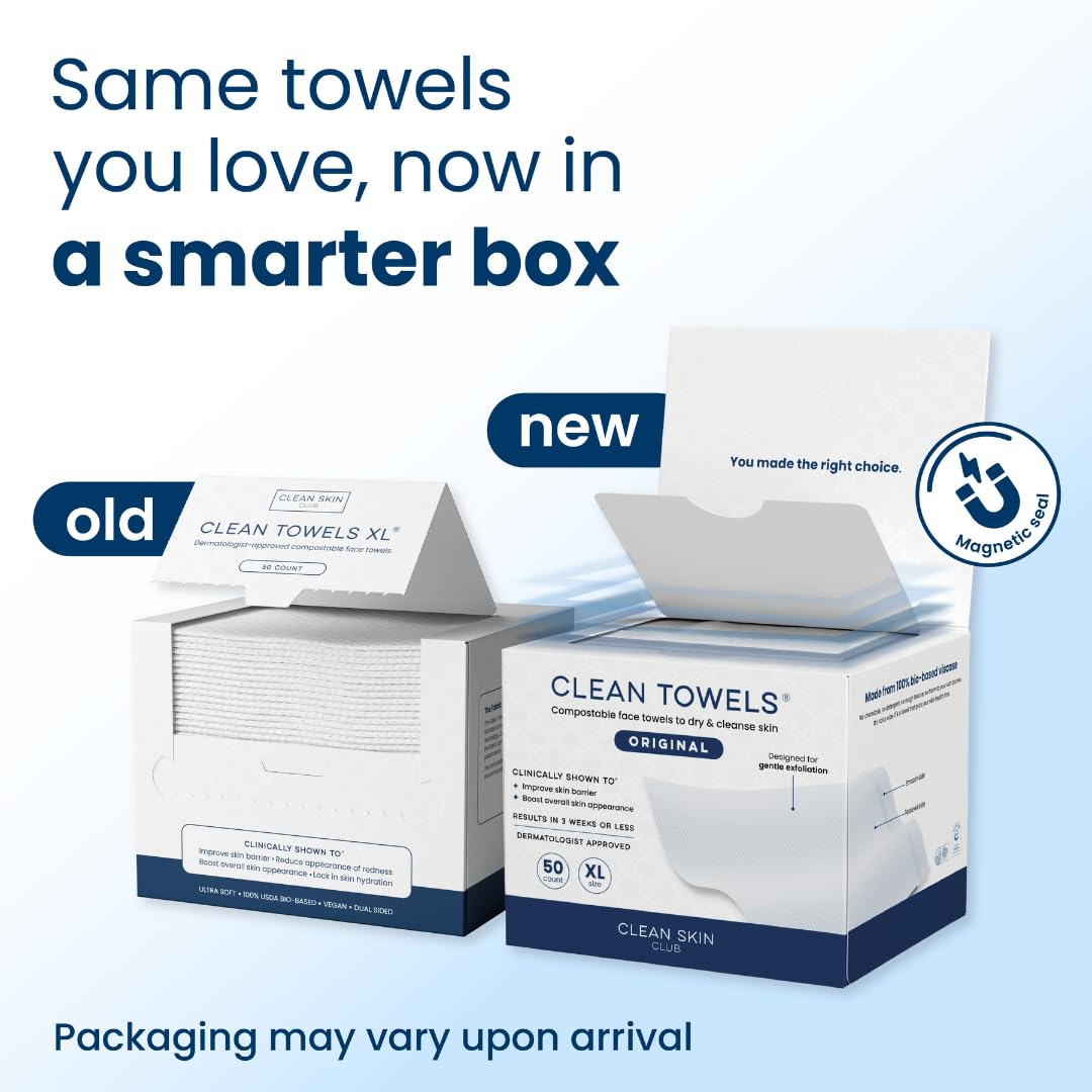 Clean Skin Club Clean Towels XL®, 100% USDA Biobased Face Towel, Disposable Face Towelette, Eczema Association Accepted, Makeup Remover Dry Wipes, Ultra Soft, 50 Count