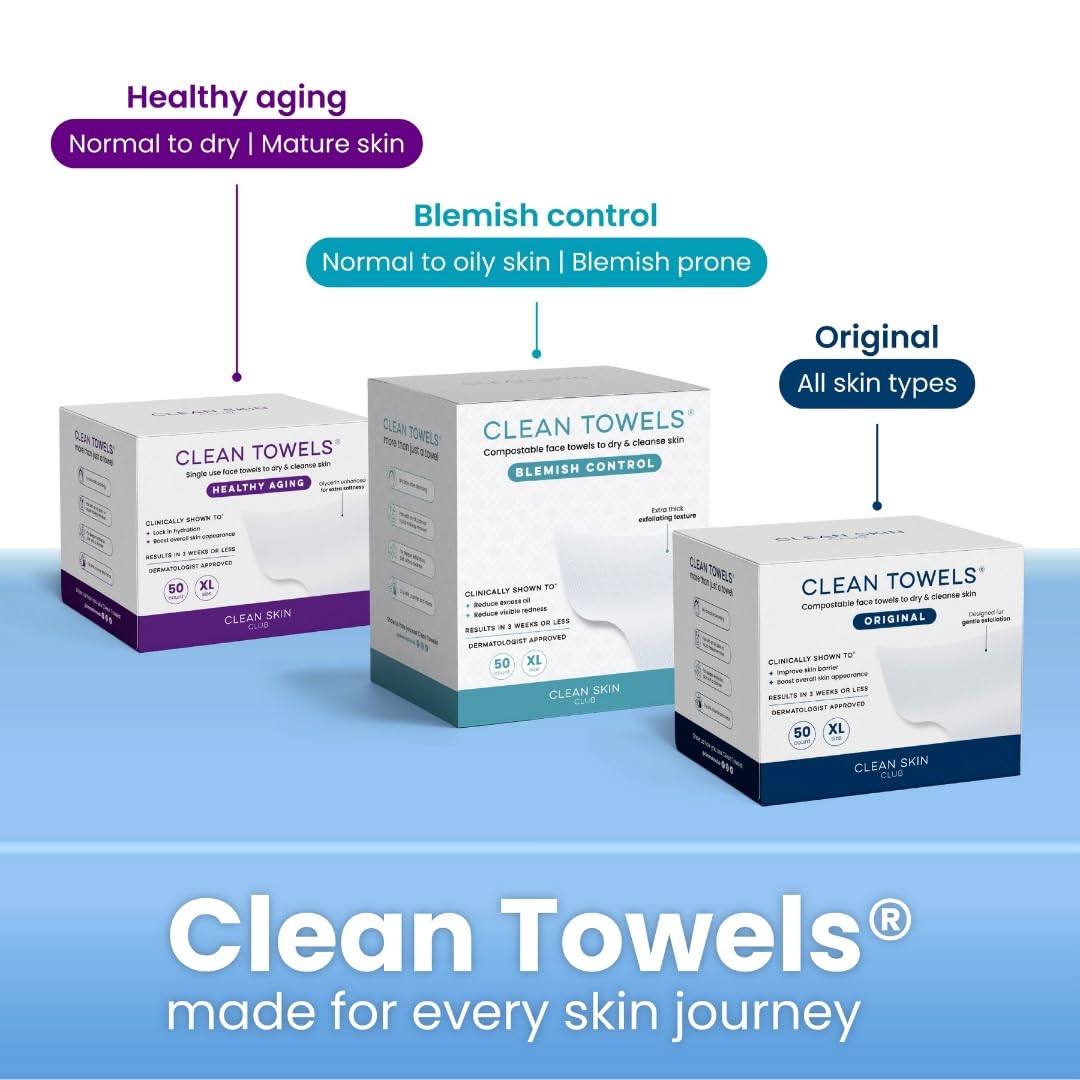 Clean Skin Club Clean Towels XL®, 100% USDA Biobased Face Towel, Disposable Face Towelette, Eczema Association Accepted, Makeup Remover Dry Wipes, Ultra Soft, 50 Count