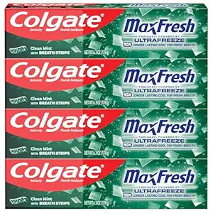 Colgate Max Fresh Toothpaste, Whitening Toothpaste with Mini Breath Strips, Clean Mint Toothpaste for Bad Breath, Helps Fight Cavities, Whitens Teeth, and Freshens Breath, 4 Pack, 6.3 Oz Tubes