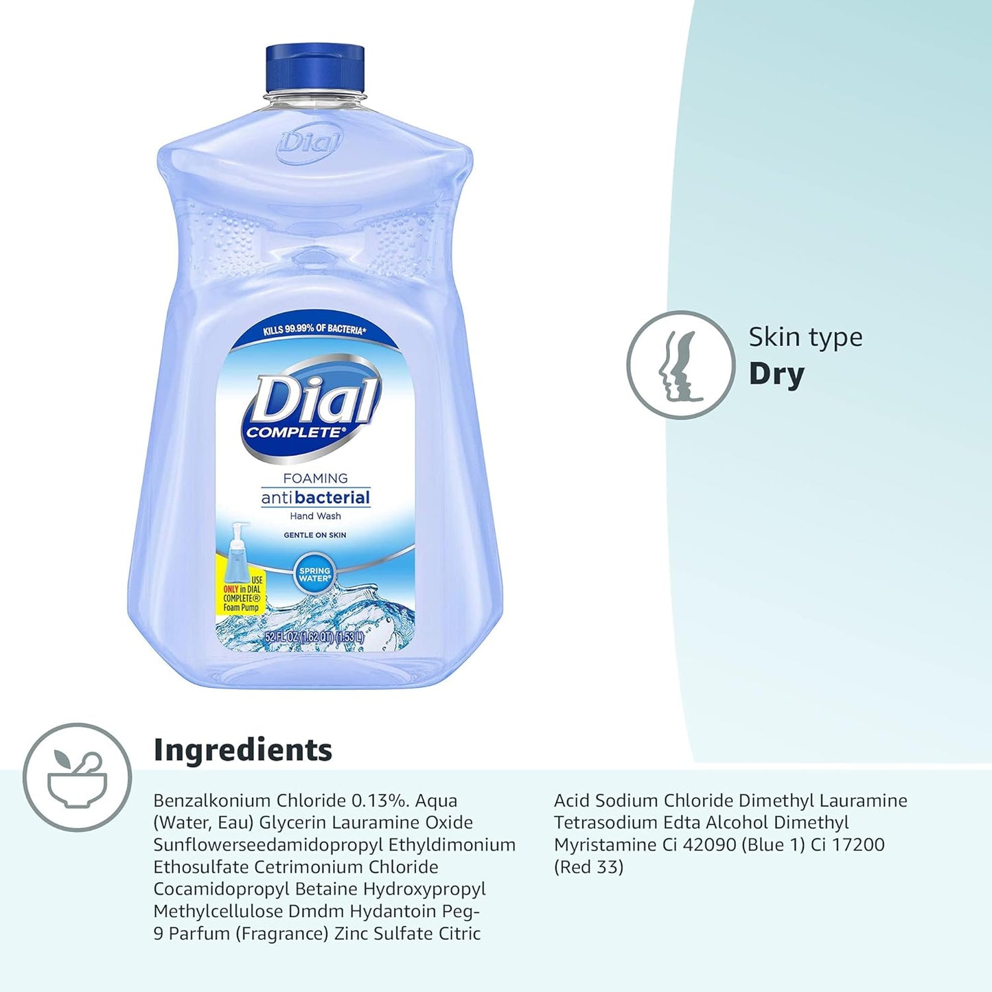 Dial Antibacterial Foaming Hand Soap Refill, Spring Water, 52 fl oz (Pack of 1)