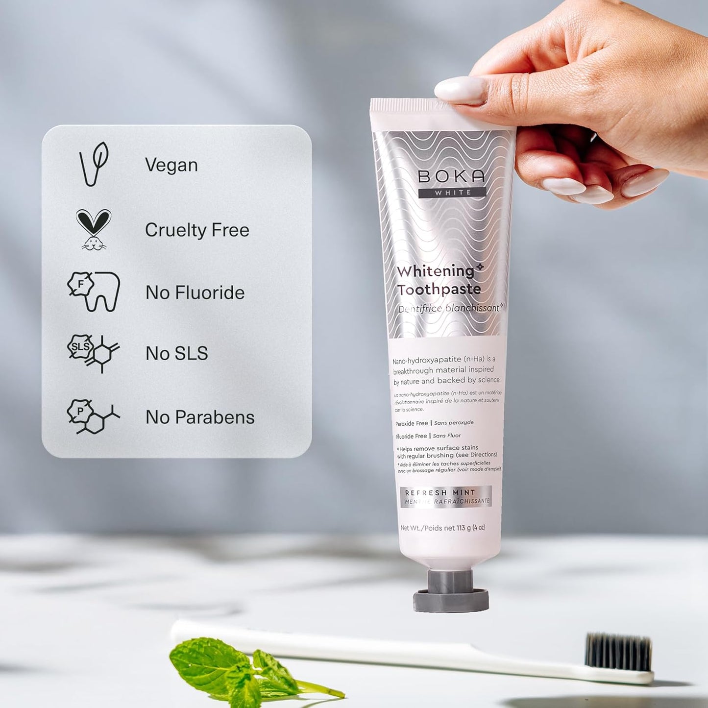 Boka Fluoride Free Toothpaste, Nano Hydroxyapatite Toothpaste, Appropriate for Sensitive Teeth, for Adult, Kids Oral Care - Whitening* Refresh Mint, 4 Fl Oz 1Pk US Manufactured