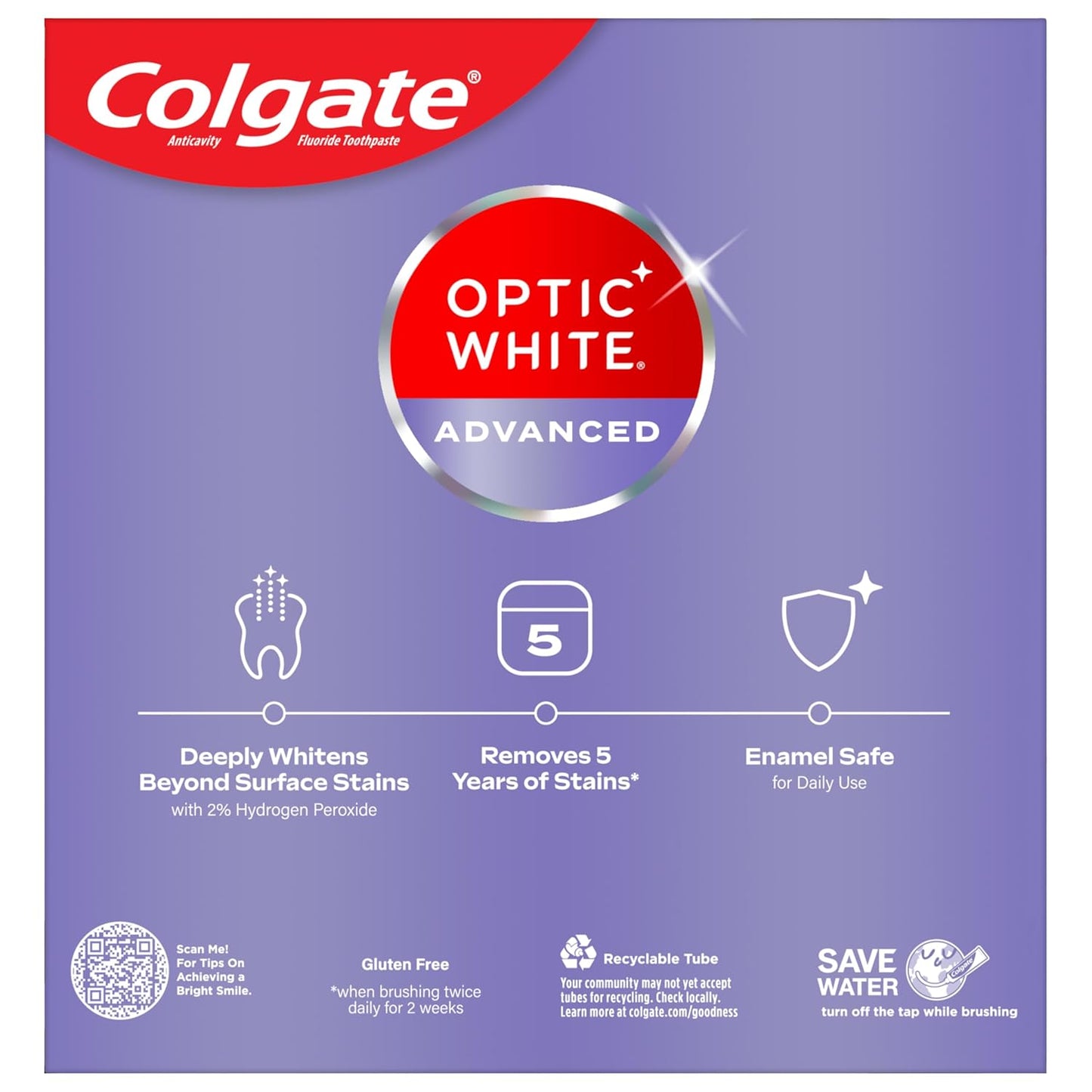 Colgate Optic White Advanced Teeth Whitening Toothpaste, 2% Hydrogen Peroxide Toothpaste, Sparkling White, 3.2 Oz, 3 Pack