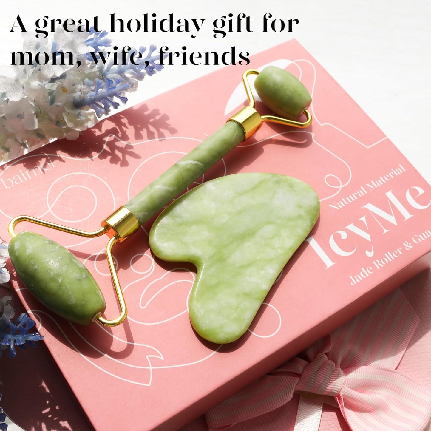 BAIMEI IcyMe Gua Sha & Jade Facial Tools Face Roller and Gua Sha Set for Puffiness and Redness Reducing Skin Care Routine, Self Care Gift for Men Women - Green