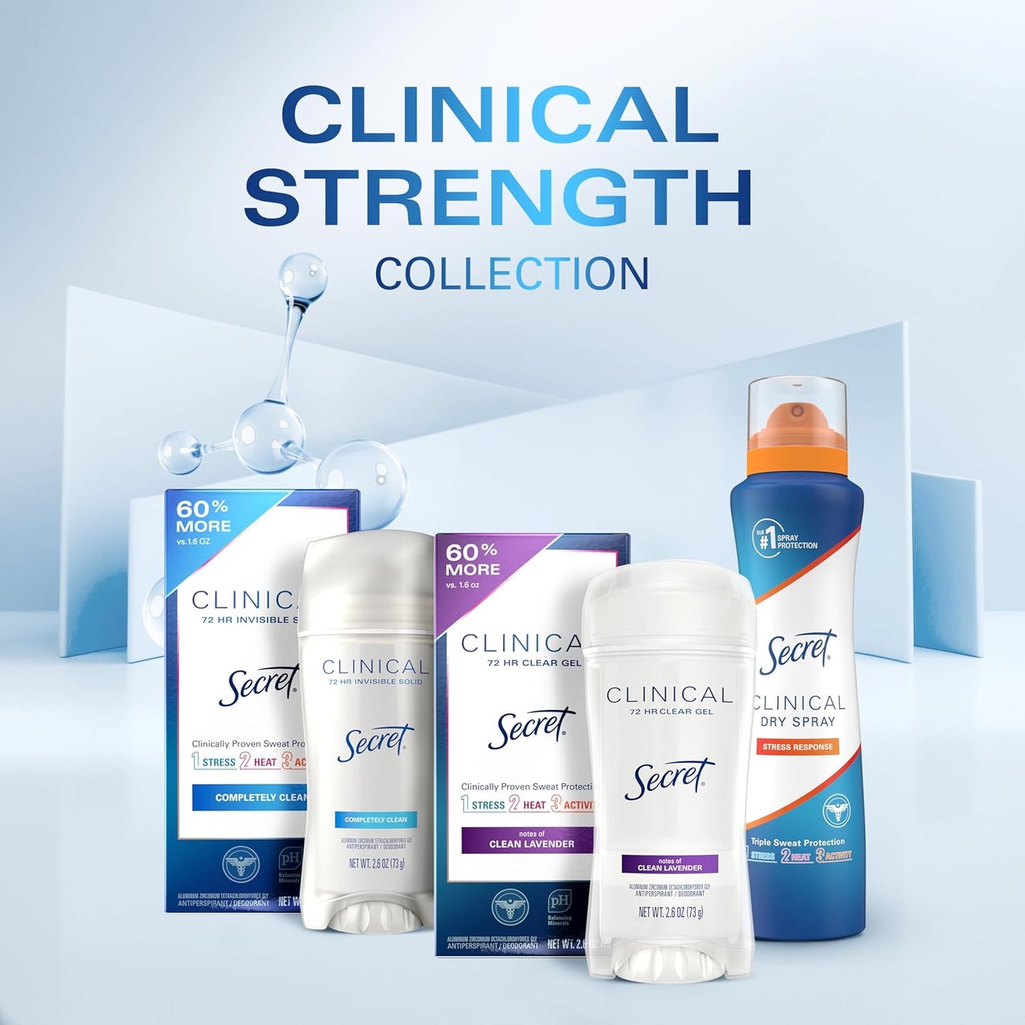 Secret Clinical Strength Antiperspirant Deodorant for Women, 3X Stress Protection, 72hr Sweat & Odor Protection, PH Balancing Minerals, Invisible Solid, Completely Clean Scent, 2.6 oz