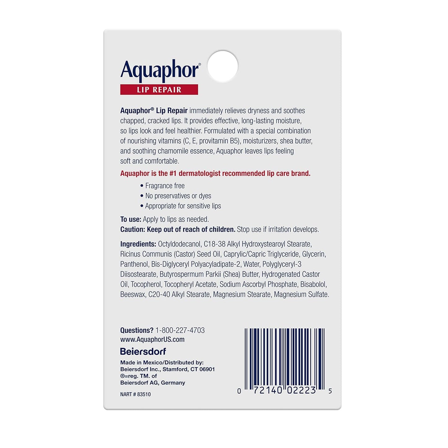 Aquaphor Lip Repair - Soothe Dry, Chapped Lips - Two .35 oz. Tubes