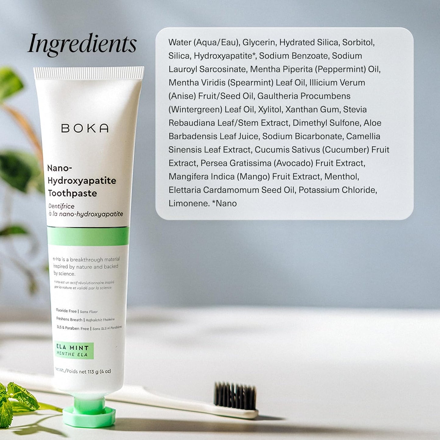 Boka Fluoride Free Toothpaste, Nano Hydroxyapatite Toothpaste, Appropriate for Sensitive Teeth - for Adult, Kids Oral Care - Ela Mint Flavor, 4 Fl Oz 1Pk US Manufactured